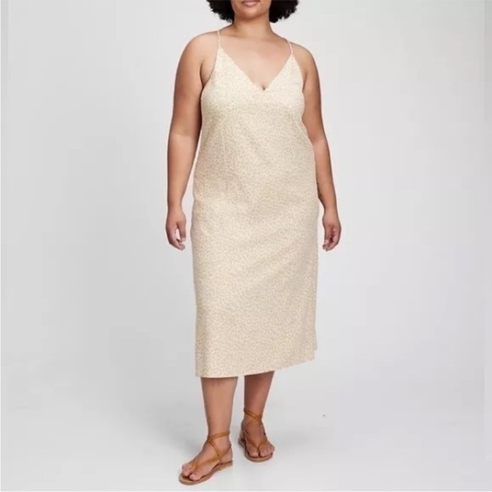 New Gap Animal Cheetah Print Slip Sundress Maxi Dress with Slit Cream White 14